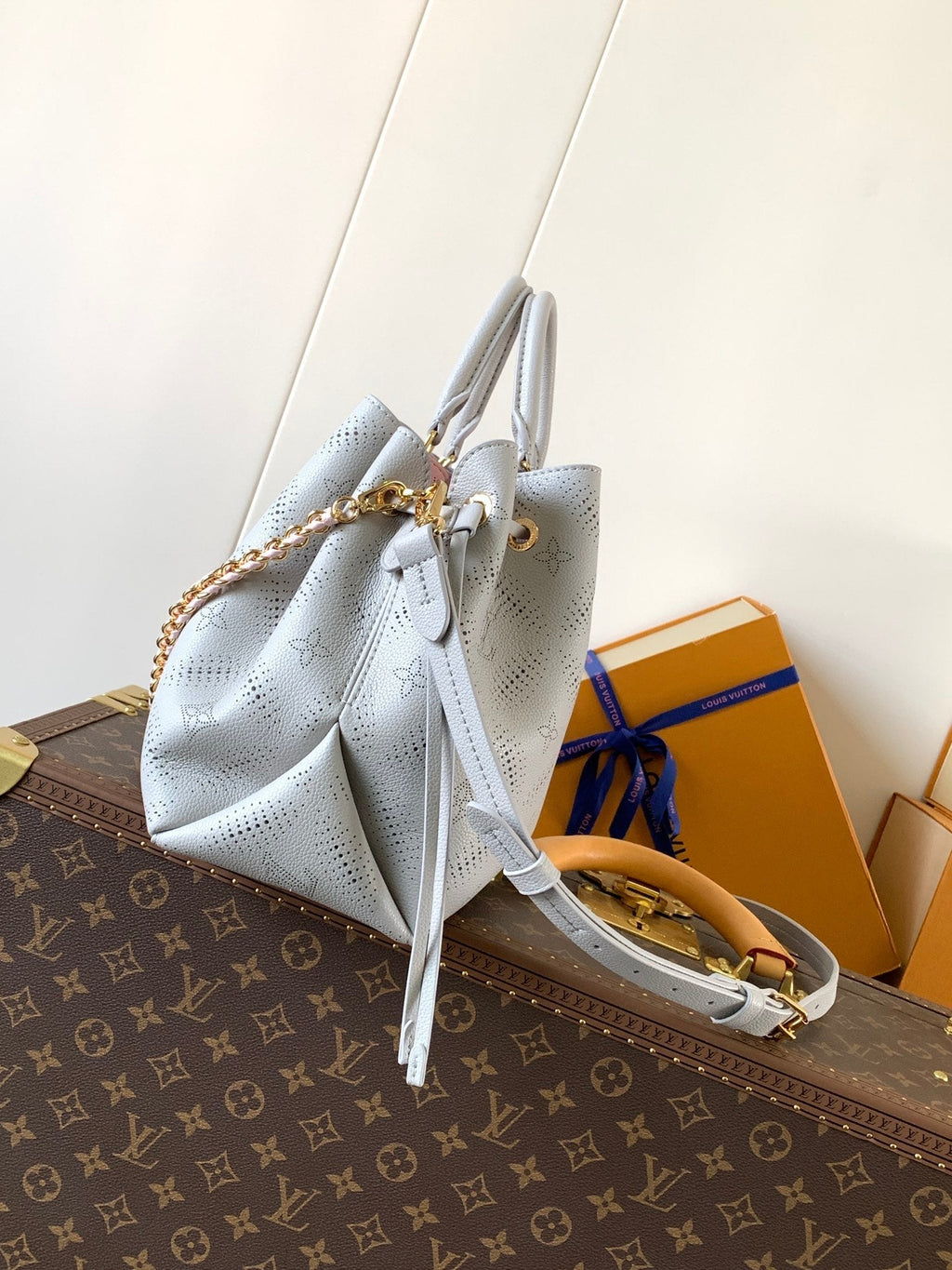 LOUIS VUITTON LV 25S BELLA TOTE BAG 32 IN PINK GREY PERFORATED MAHINA CALFSKIN