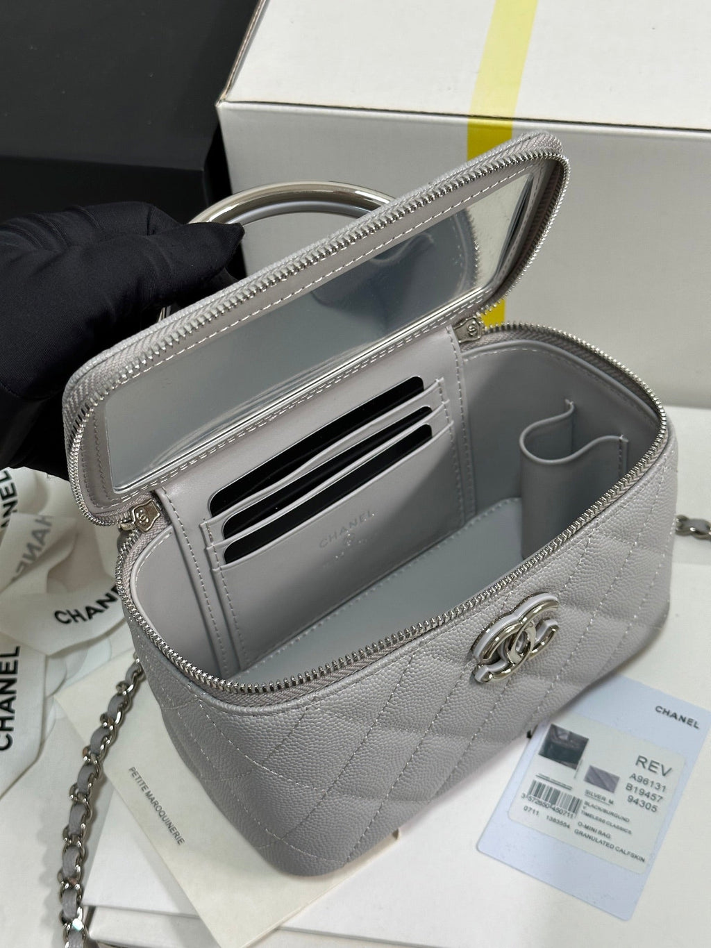 CHANEL MINI VANITY TOP HANDLE CASE 17 IN GREY CAVIAR SKIN SILVER-TONE PLATED METAL