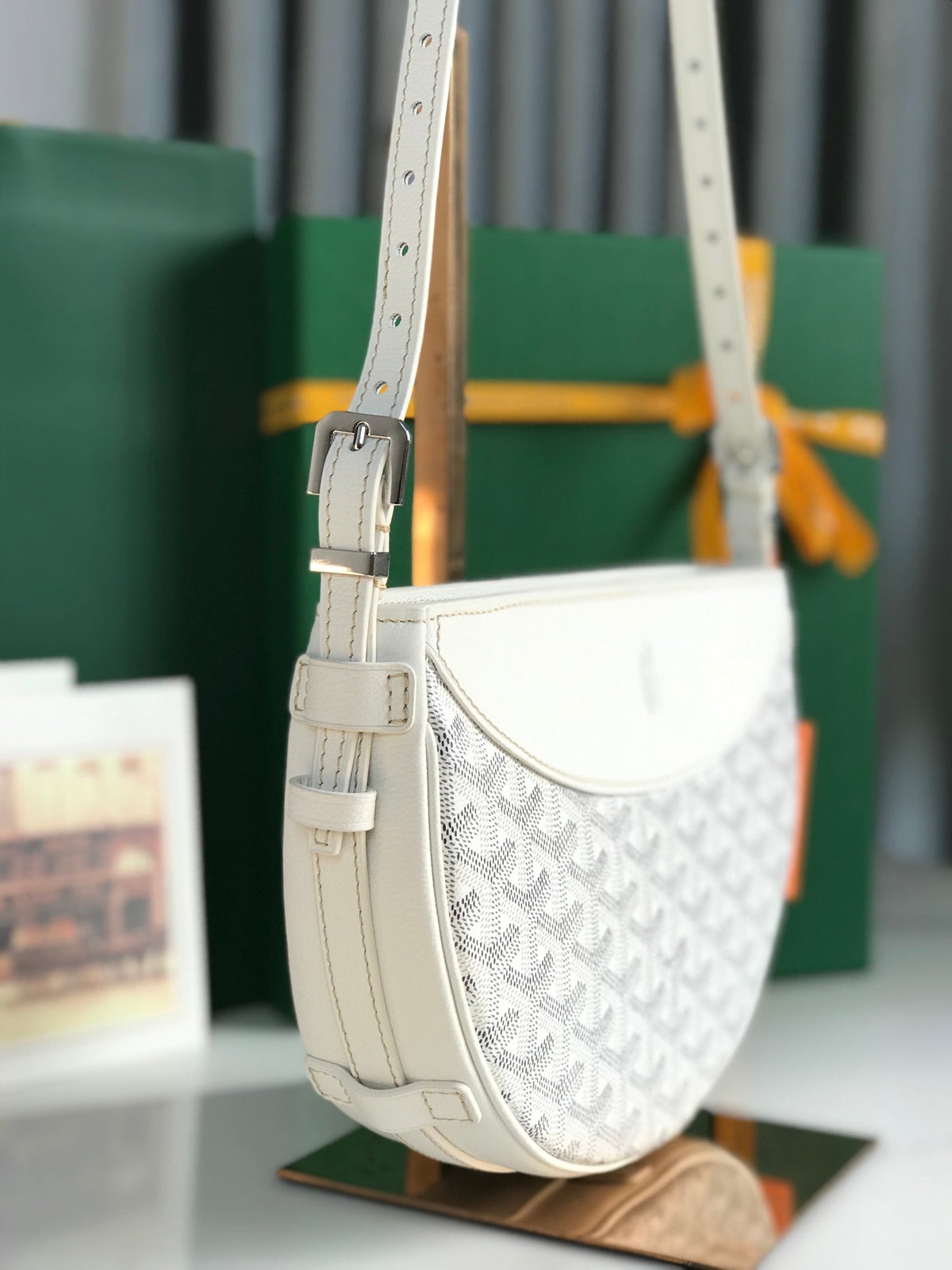 HIRONDELLE BAG 25 IN WHITE LAMBSKIN AND GOYARDINE CANVAS