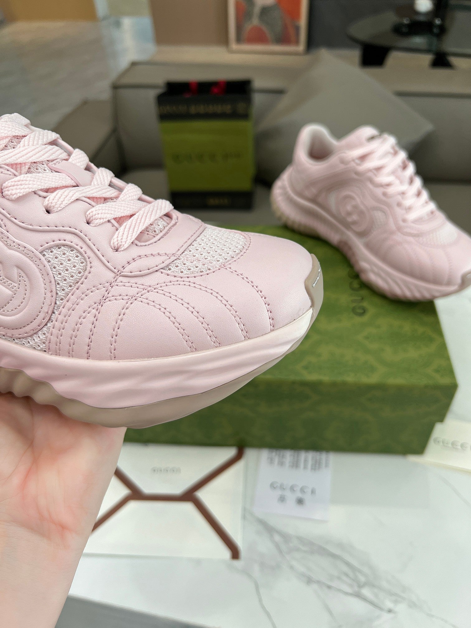 GUCCI RIPPLE TRAINER LIGHT PASTEL PINK LAMBSKIN