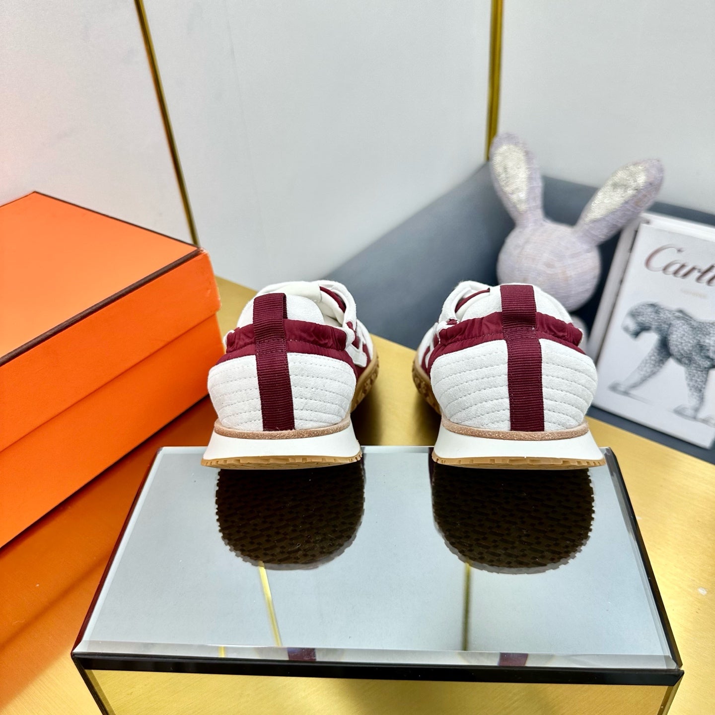 HERMES JET SNEAKER IN WHITE MIX SANGRIA RED SUEDE