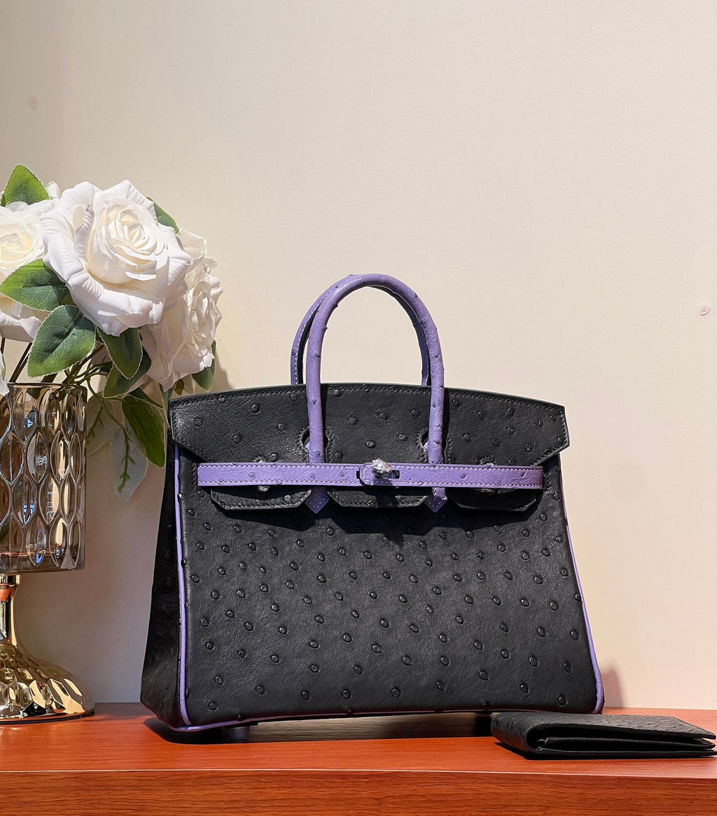 HERMES KELLY  SELLIER 25 BAG IN BLACK MIX AMETHYST PURPLE OSTRICH LEATHER