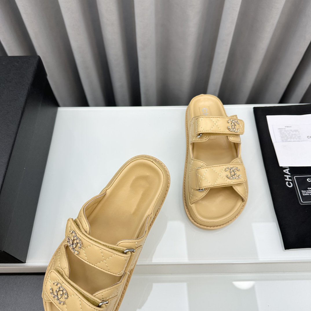 CHANEL dad sandals beige lambskin interwomen leather