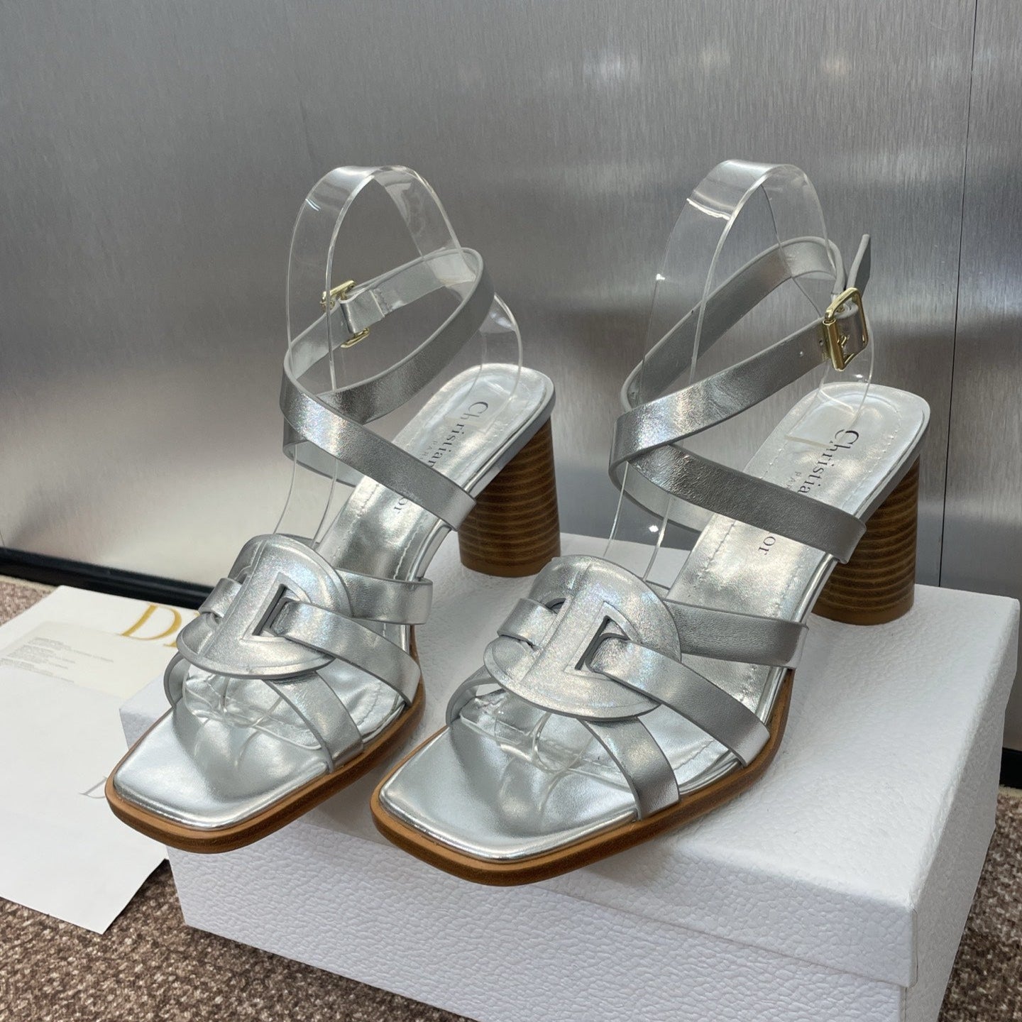 DIOR D-CLUB HIGH HEEL SLIDE 25S 80MM IN SILVER GLOSSY CALFSKIN